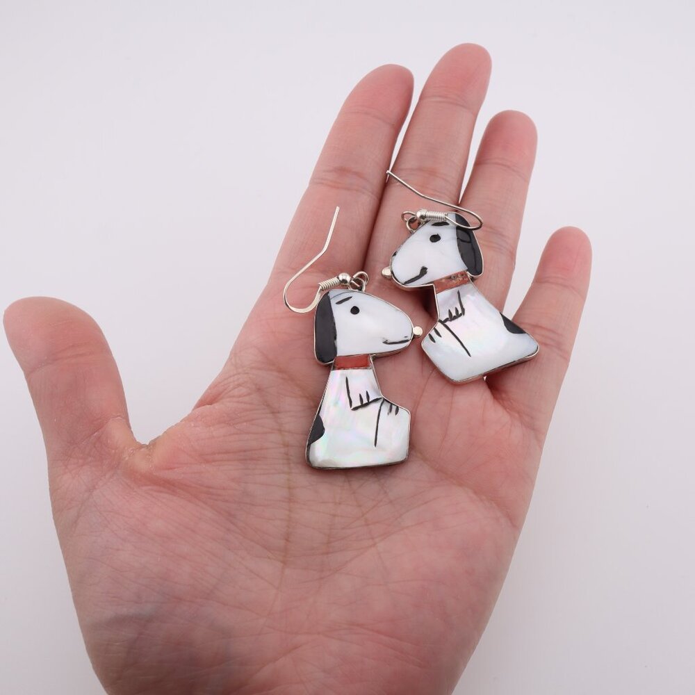 Handmade Zuni Inlay Large Snoopy Dog Dangle Earrings Sterling Silver Jewelry‎ ** - Picture 13 of 15